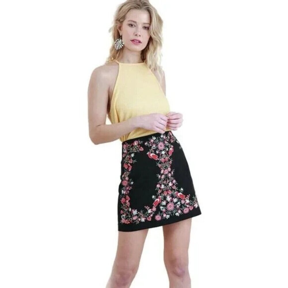 Umgee Skirt Navy Blue Embroidered Floral Bird Mini Boho - Picture 3 of 11